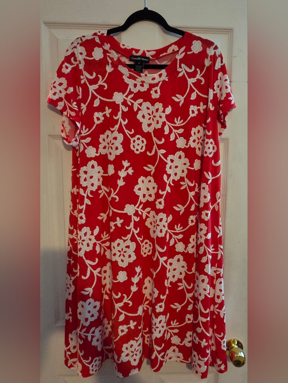 Cardalette Woman Red Dress with White Floral Lace Overlay